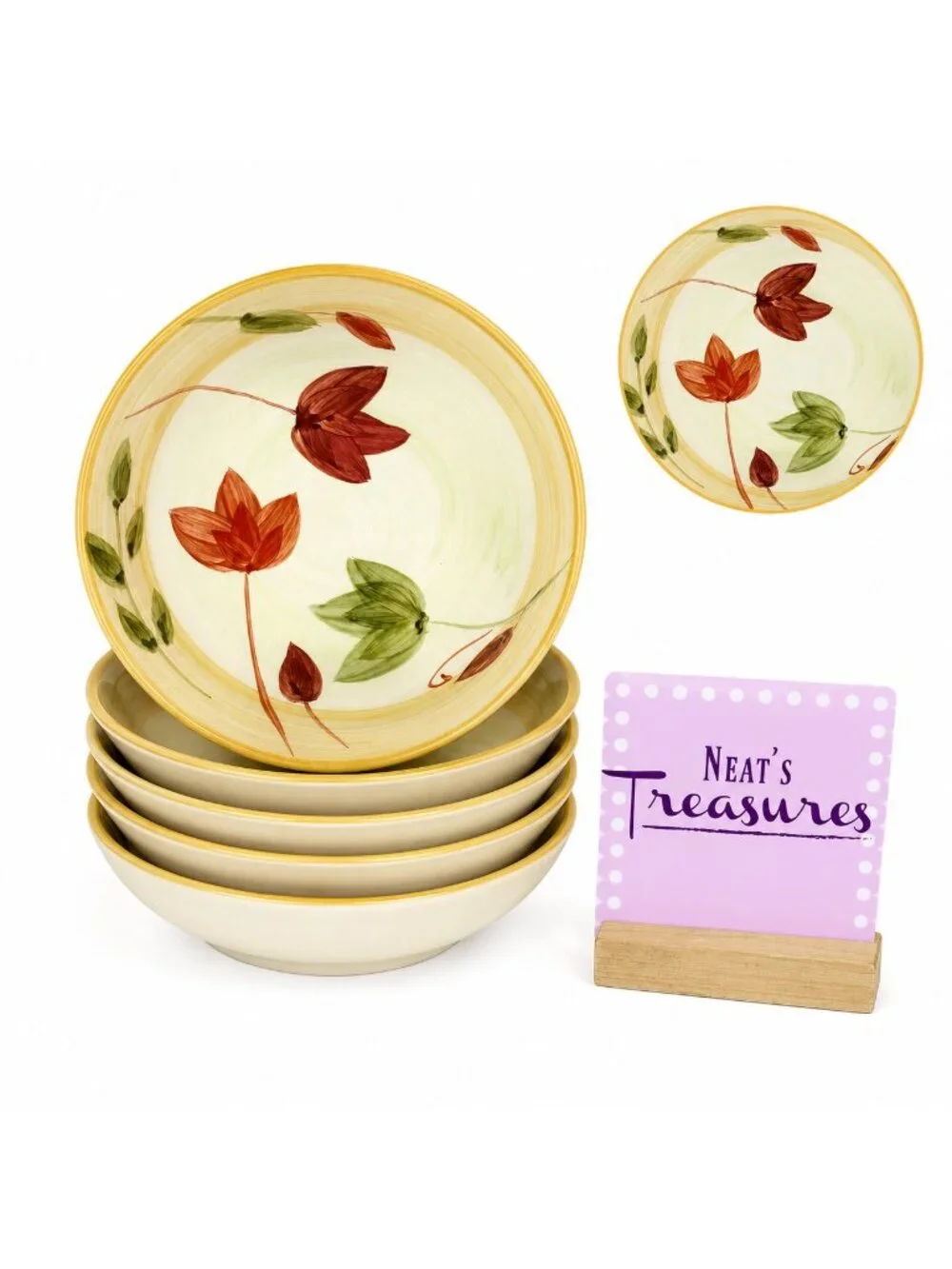 Gibson GID441 Tan Band Red Flowers Green Leaves Stoneware Soup Cereal Bowl Set 5